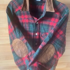 Vintage Woolrich Red and Green Plaid Wool Shirt with Suede Elbows & Collar